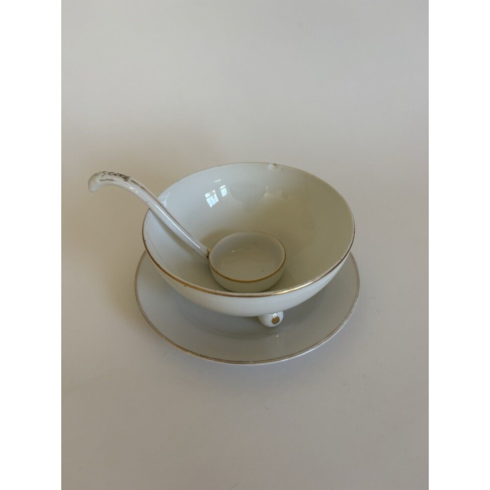 Nippon Hand Painted 3 footed soup bowl with ladle and under plate